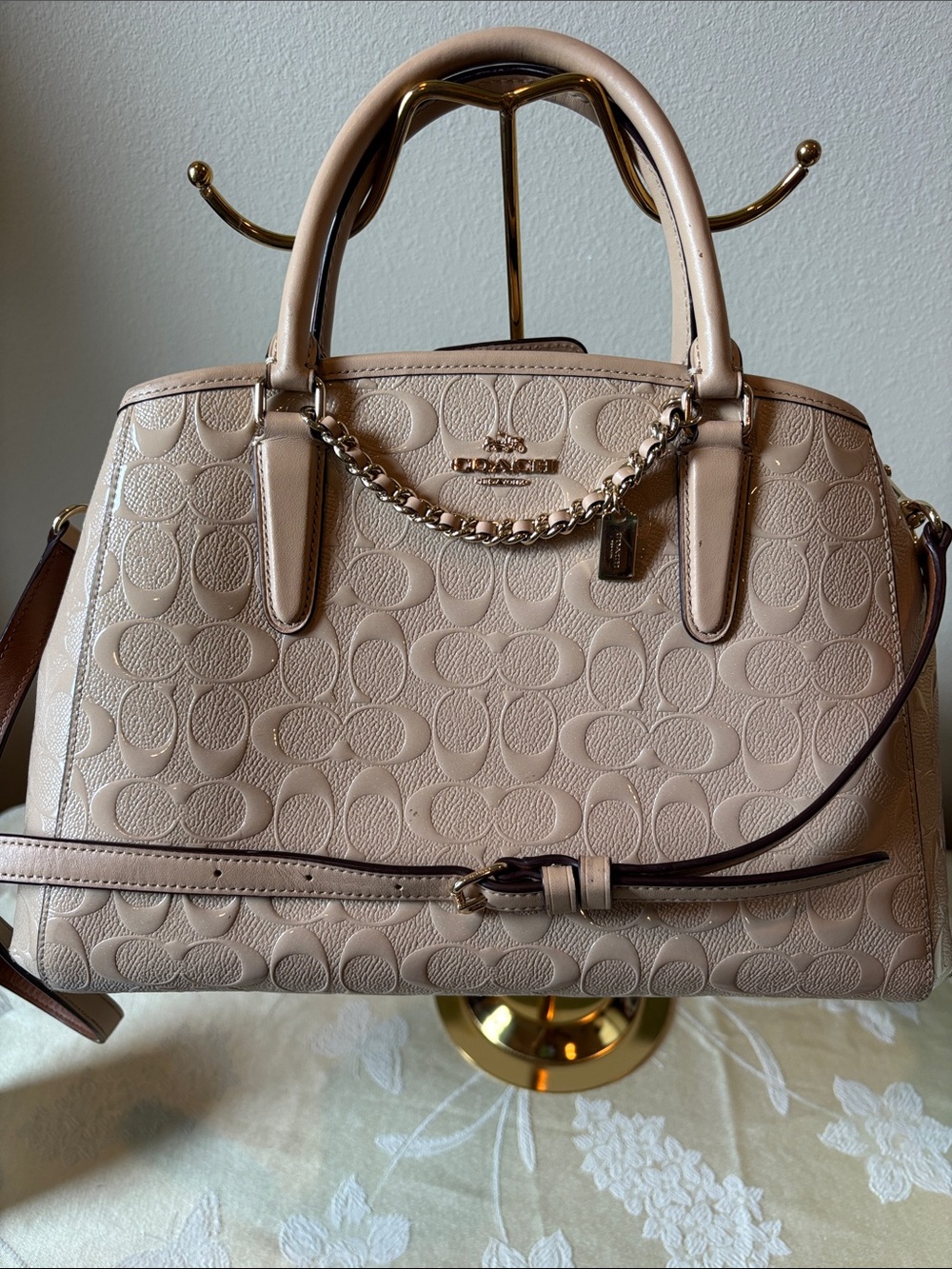 Coach Margot Carryall in Signature Debossed Patent Leather-Beige/Nude.